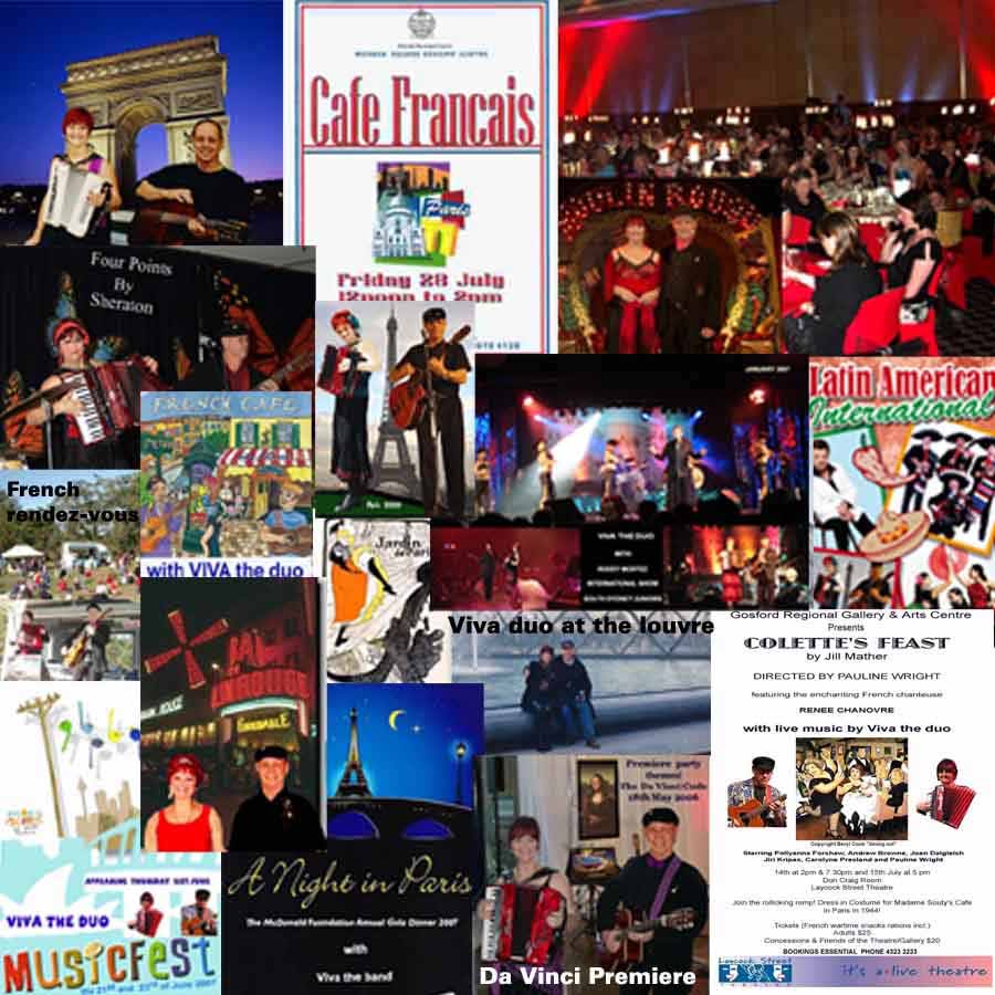 a band play French music at themed parties and venues see a video of Paris with French music by Viva the band on youtube